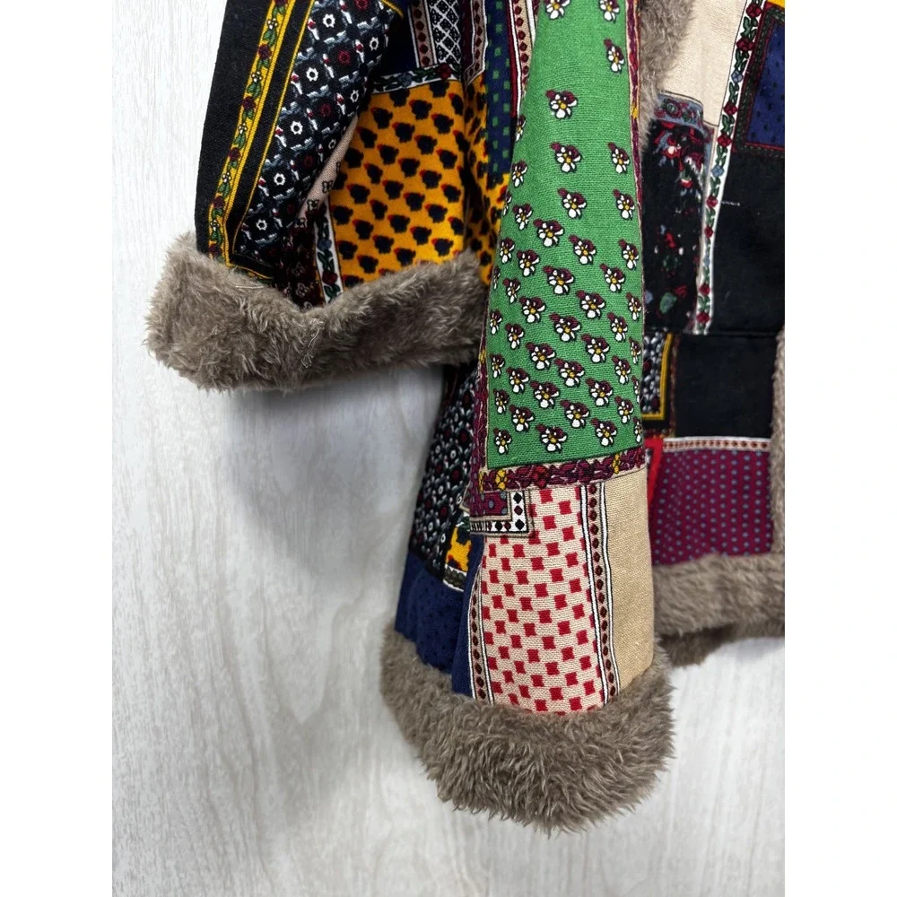 Vintage‎ Patchwork Sherpa Coat XL Oversized Hooded Boho Cozy Lined Jacket - Picture 5 of 8